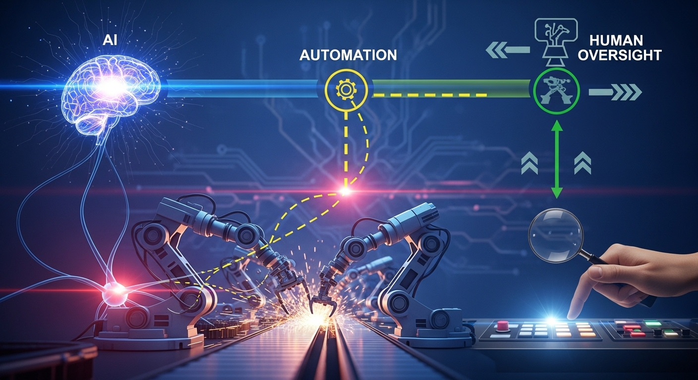 Conceptual diagram of a "Human-in-the-loop" AI automation system for business. 
