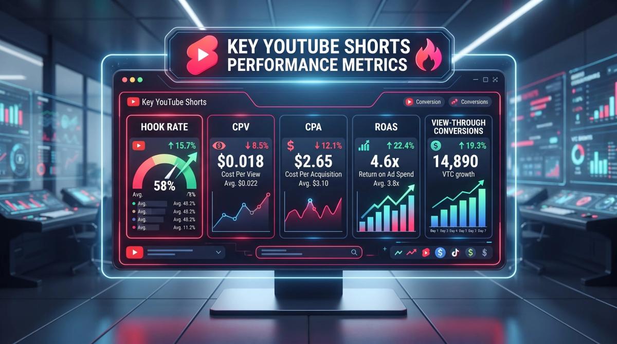 Dashboard showing hook rate, CPV, CPA, ROAS, and view-through conversions for Shorts ads
