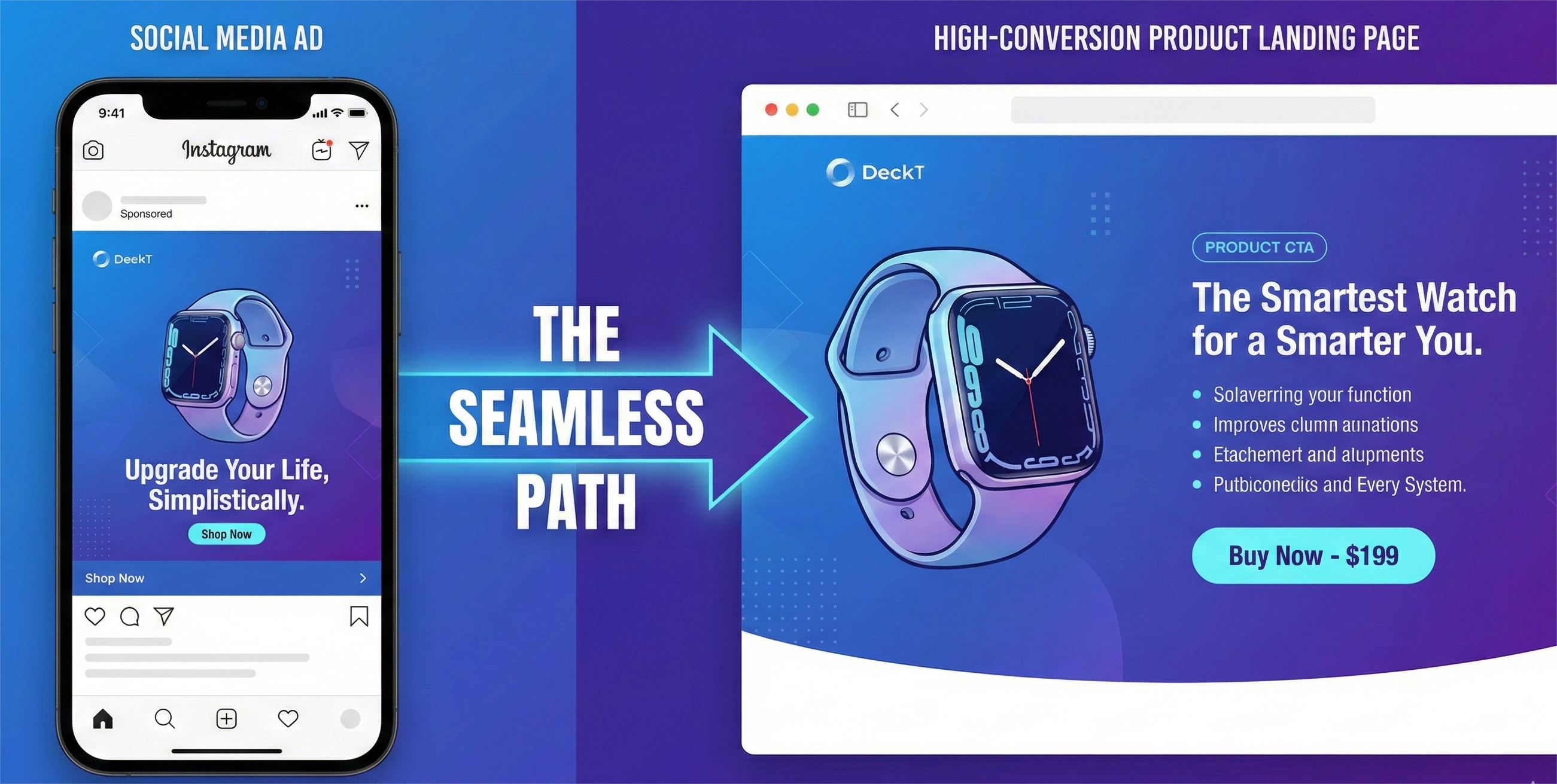 A split-screen infographic illustrating a digital marketing customer journey. The left side shows a smartphone displaying an Instagram social media ad for a "DeckT" smartwatch with a "Shop Now" button. The right side shows a desktop web browser displaying a matching high-conversion product landing page for the same watch with a "Buy Now" button. A large arrow pointing from the ad to the landing page in the center is labeled "THE SEAMLESS PATH."