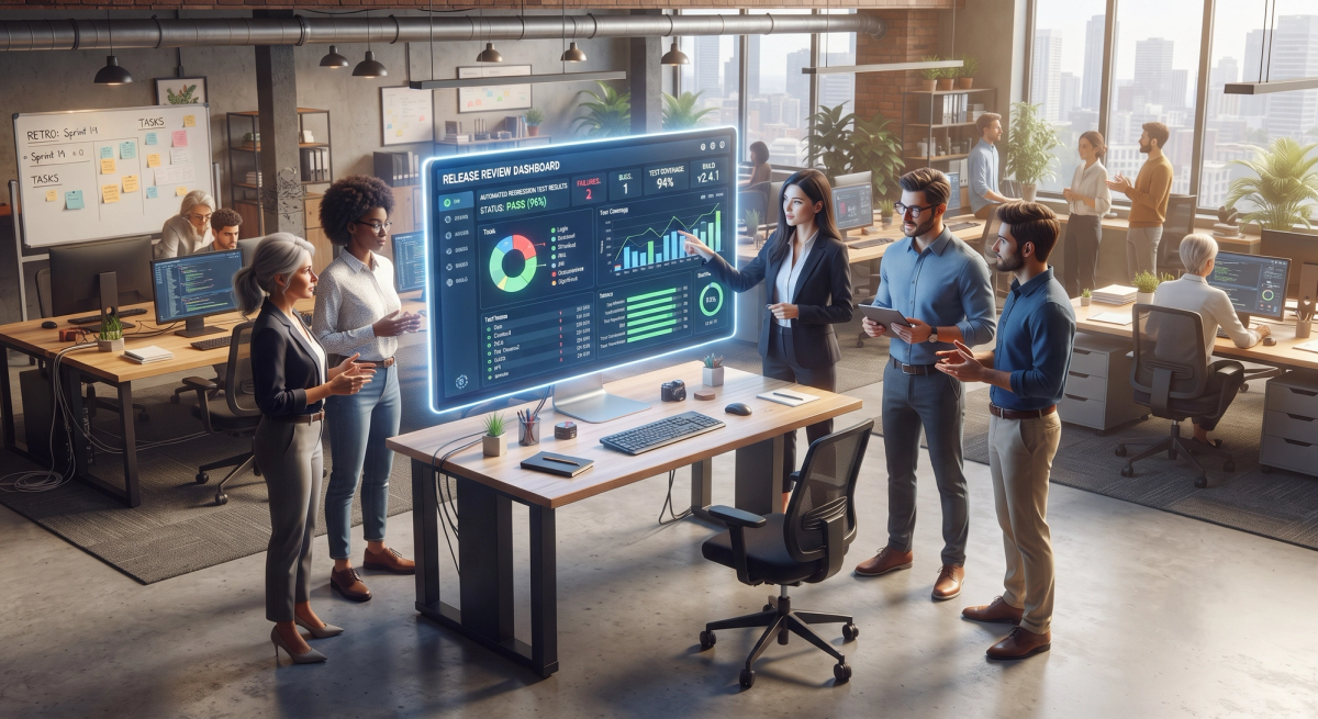  Software developers and QA engineers reviewing automated regression test results together on a monitor during a release review 