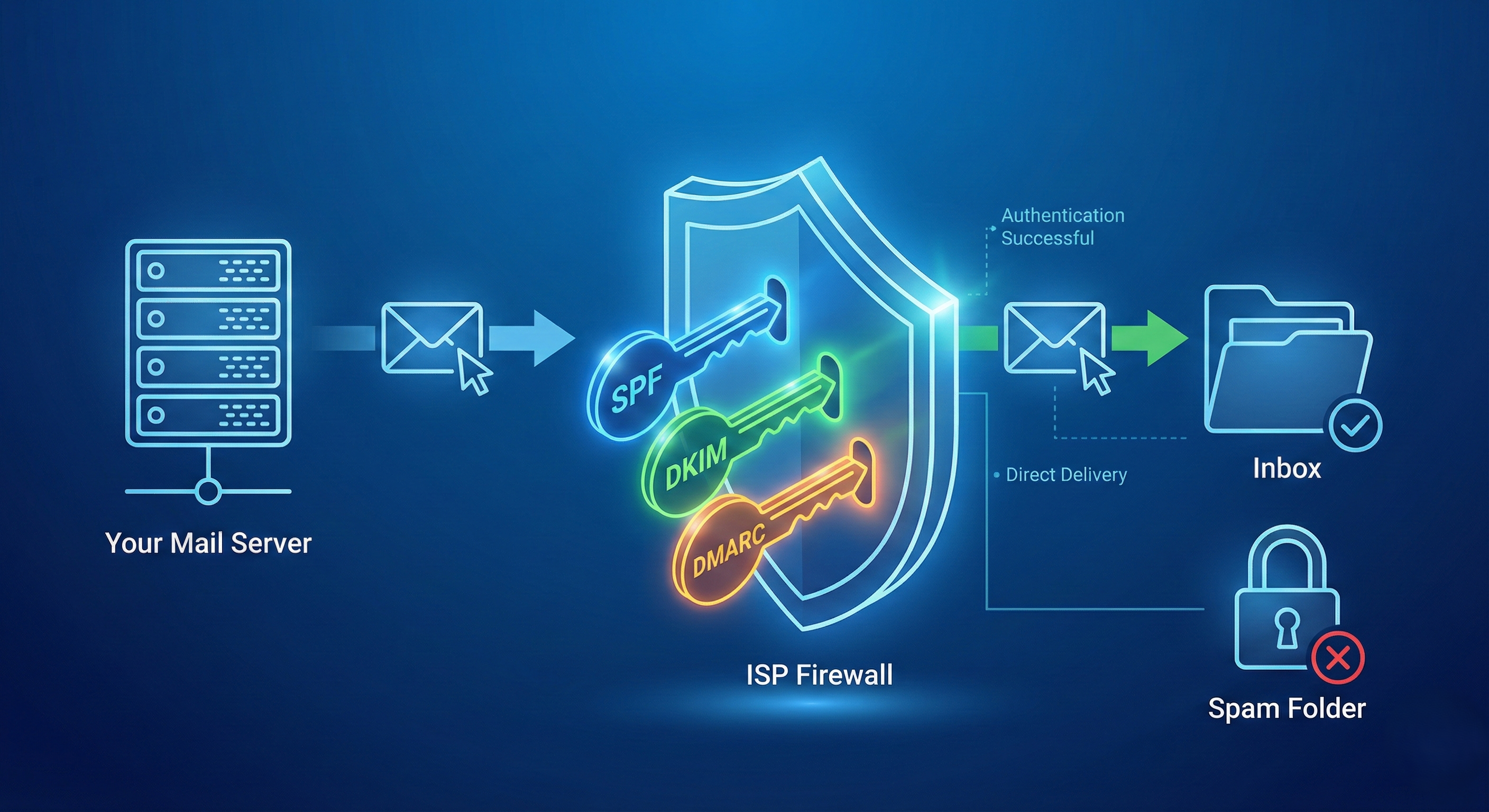A diagram illustrating the email authentication process. An email icon moves from a "Your Mail Server" icon towards an "ISP Firewall" shield icon. Three glowing keys labeled "SPF," "DKIM," and "DMARC" are inserted into the shield, unlocking it. This allows the email to pass through to an "Inbox" folder icon with a checkmark, labeled "Authentication Successful" and "Direct Delivery." A separate, locked "Spam Folder" icon with a red 'X' is shown below, bypassed by the authenticated email.