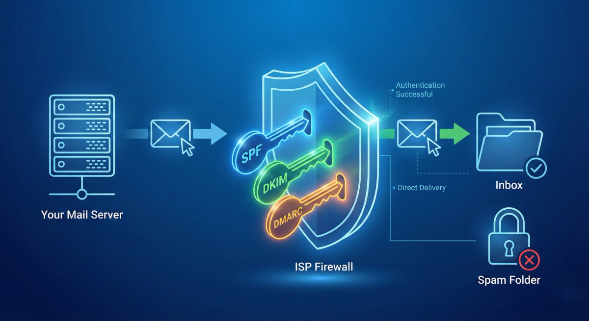 A diagram illustrating the email authentication process. An email icon moves from a "Your Mail Server" icon towards an "ISP Firewall" shield icon. Three glowing keys labeled "SPF," "DKIM," and "DMARC" are inserted into the shield, unlocking it. This allows the email to pass through to an "Inbox" folder icon with a checkmark, labeled "Authentication Successful" and "Direct Delivery." A separate, locked "Spam Folder" icon with a red 'X' is shown below, bypassed by the authenticated email.