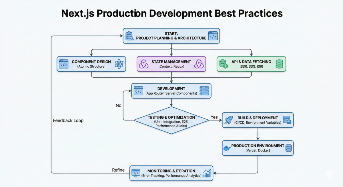 Flowchart of Next.js development best practices for production apps