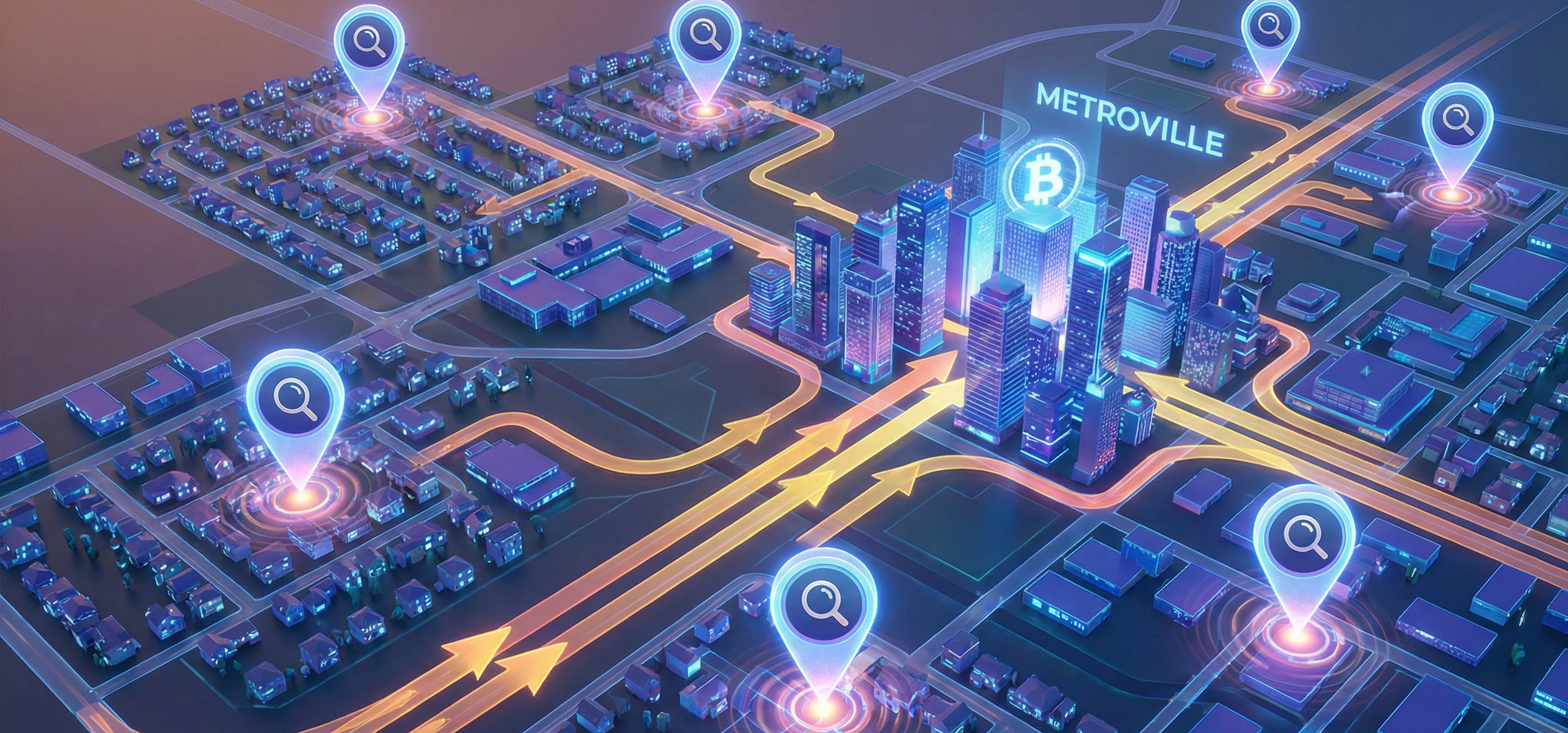 A digital 3D city map of "METROVILLE" shows glowing blue map pins with search icons placed in various residential and commercial neighborhoods. Thick, glowing orange arrows indicate the flow of traffic on roads, all converging towards a central business district. This central hub features several illuminated skyscrapers, one of which prominently displays a glowing Bitcoin (₿) symbol.
