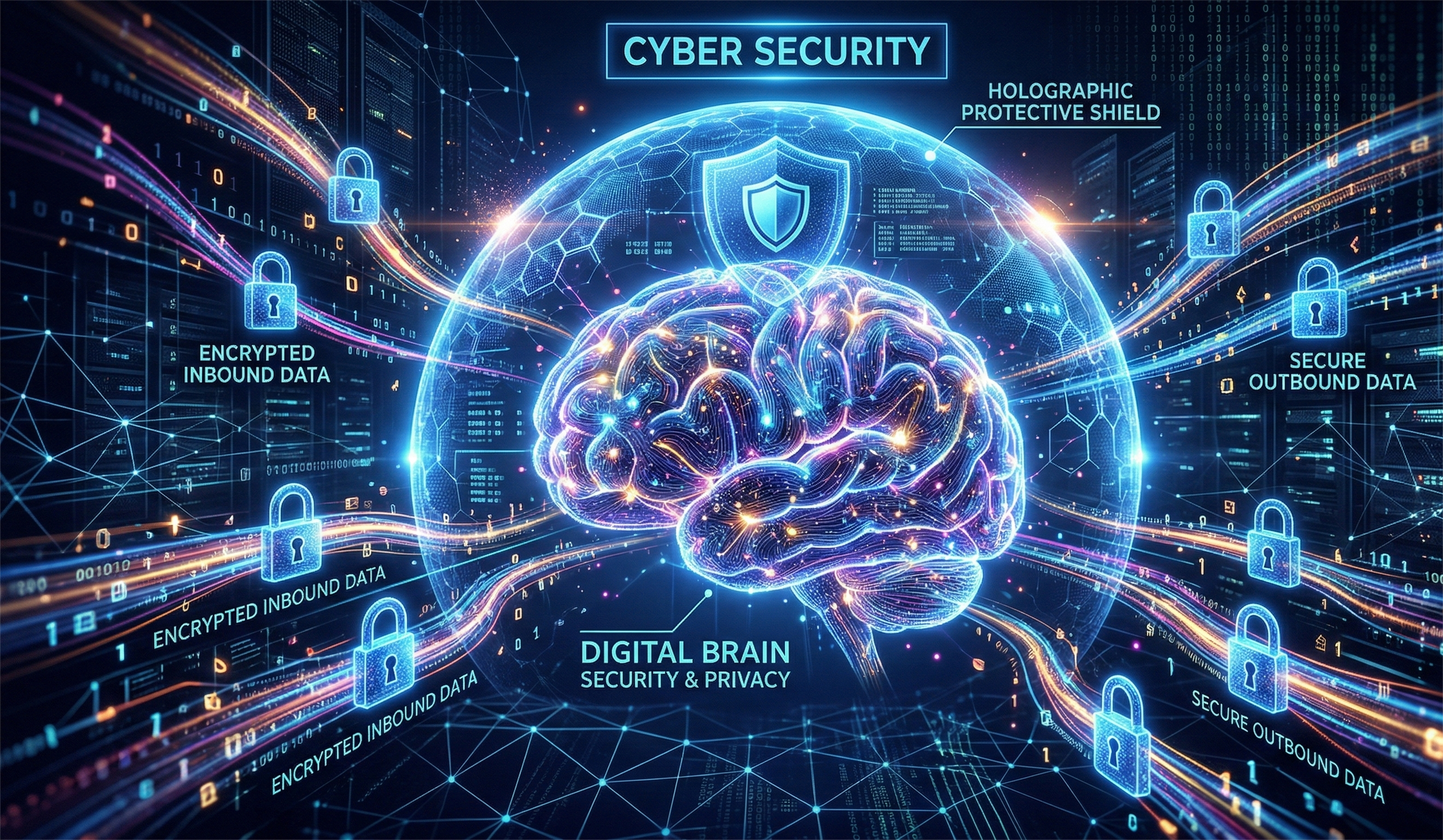 A complex, futuristic digital illustration centering a glowing human brain with neural circuit lights, protected within a large, intricate blue geodesic holographic shield containing a shield icon. Multiple data streams filled with binary code, light particles, and padlock icons flow towards and away from the brain. The entire scene is set within a dark cyber network of server racks and circuit boards. Text labels clearly indicate: "CYBER SECURITY" at the top, "HOLOGRAPHIC PROTECTIVE SHIELD" to the right of the shield, "DIGITAL BRAIN SECURITY & PRIVACY" below the brain, and "ENCRYPTED INBOUND DATA" and "SECURE OUTBOUND DATA" along the respective data paths. Dozens of digital padlock symbols secure all data lines and components.