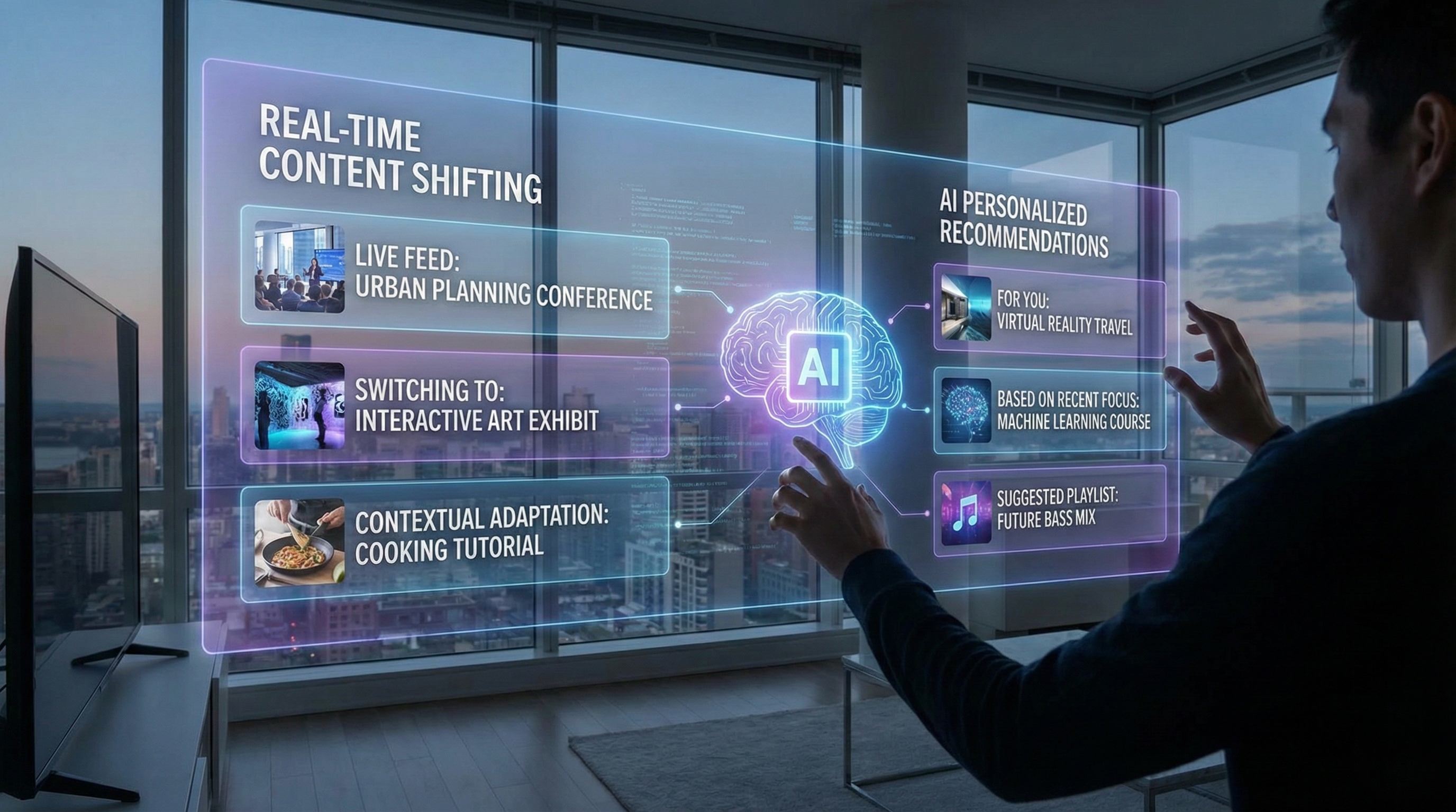 A conceptual image showing a user in a modern apartment with large windows overlooking a city skyline. The user is interacting with a large, glowing holographic interface projected in front of them. The interface is divided into two main sections: "REAL-TIME CONTENT SHIFTING" on the left and "AI PERSONALIZED RECOMMENDATIONS" on the right. The left section displays three examples: "LIVE FEED: URBAN PLANNING CONFERENCE," "SWITCHING TO: INTERACTIVE ART EXHIBIT," and "CONTEXTUAL ADAPTATION: COOKING TUTORIAL," each with a corresponding image. The right section shows "FOR YOU: VIRTUAL REALITY TRAVEL," "BASED ON RECENT FOCUS: MACHINE LEARNING COURSE," and "SUGGESTED PLAYLIST: FUTURE BASS MIX," also with associated images. A central, glowing brain icon labeled "AI" connects the two sections. The user is gesturing towards the interface, selecting options.