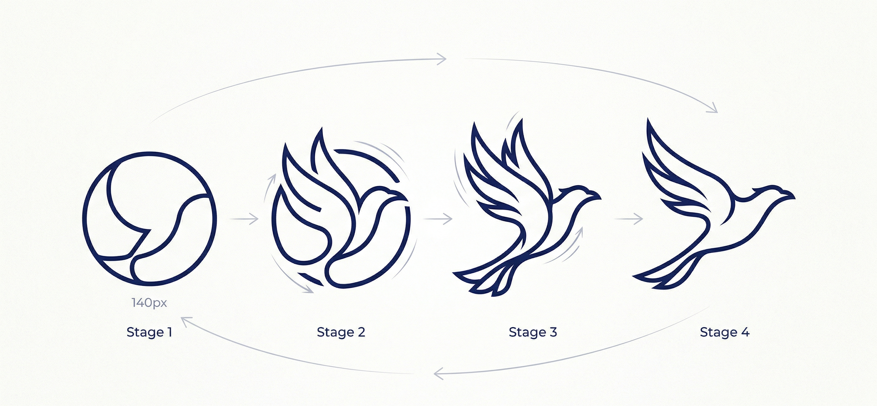 A four-stage design diagram on a clean white background showing the evolution of a minimalist logo. It begins as a simple circular outline and progressively morphs into the fluid, elegant shape of a bird in flight.