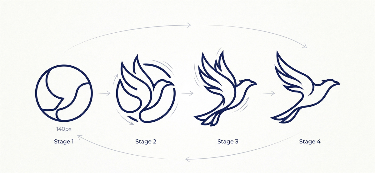 A four-stage design diagram on a clean white background showing the evolution of a minimalist logo. It begins as a simple circular outline and progressively morphs into the fluid, elegant shape of a bird in flight.