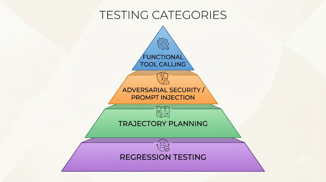 Testing framework diagram detailing functional, security, and trajectory evaluation for AI agents.