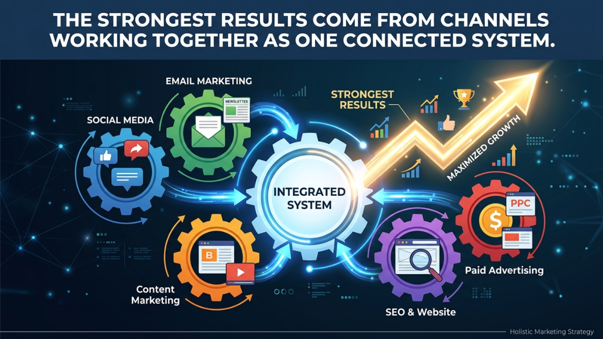 An infographic illustrating multi-channel marketing integration titled "The Strongest Results Come From Channels Working Together as One Connected System." A central glowing gear labeled "INTEGRATED SYSTEM" is powered by five surrounding interconnected channel gears: Social Media (blue), Email Marketing (green), Content Marketing (orange), SEO & Website (purple), and Paid Advertising / PPC (red). Glowing energy arrows transfer power from these outer gears into the central mechanism, which drives a sharp, multi-tiered neon upward growth arrow labeled "STRONGEST RESULTS" and "MAXIMIZED GROWTH" against a dark tech background.
