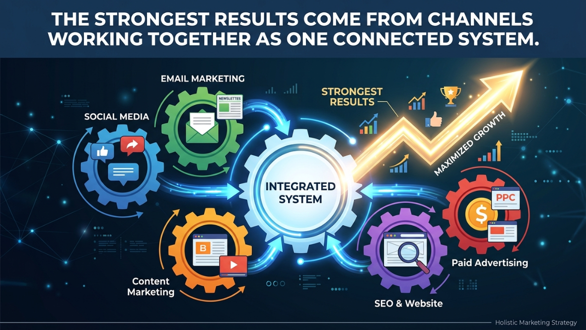 An infographic illustrating multi-channel marketing integration titled "The Strongest Results Come From Channels Working Together as One Connected System." A central glowing gear labeled "INTEGRATED SYSTEM" is powered by five surrounding interconnected channel gears: Social Media (blue), Email Marketing (green), Content Marketing (orange), SEO & Website (purple), and Paid Advertising / PPC (red). Glowing energy arrows transfer power from these outer gears into the central mechanism, which drives a sharp, multi-tiered neon upward growth arrow labeled "STRONGEST RESULTS" and "MAXIMIZED GROWTH" against a dark tech background.