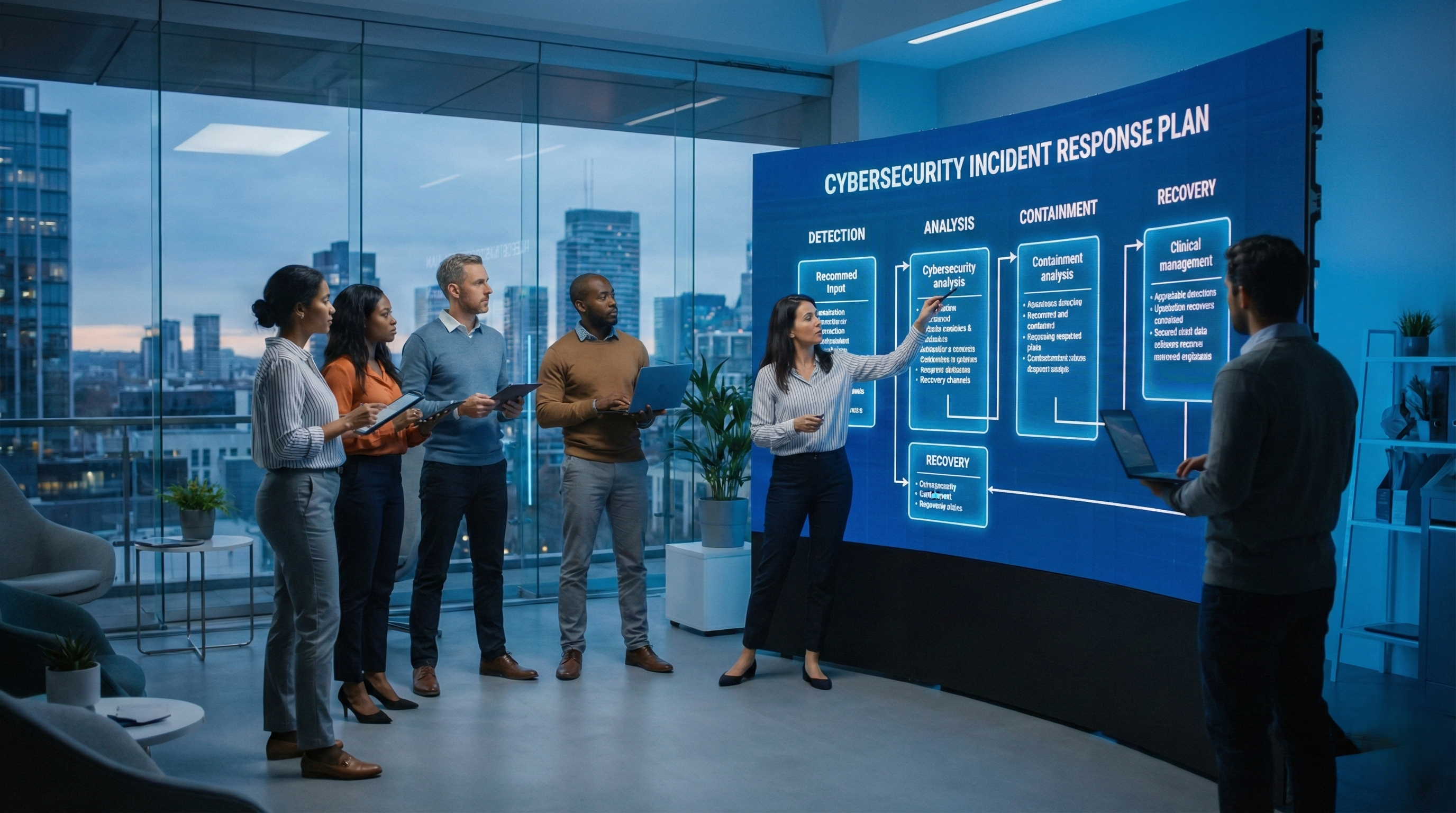 A diverse group of six professionals in a modern office with large windows overlooking a city skyline at dusk are gathered around a large digital screen. The screen displays a detailed "Cybersecurity Incident Response Plan" flow chart with stages including "Detection," "Analysis," "Containment," and "Recovery." A woman in the center points to the "Analysis" section of the chart, while her colleagues, holding laptops and tablets, look on and engage in the discussion.
