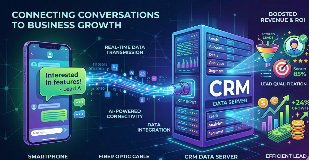 A colorful technical infographic titled "CONNECTING CONVERSATIONS TO BUSINESS GROWTH." On the left, a smartphone displays a chat bubble saying "Interested in features! - Lead A." A glowing blue fiber-optic cable transfers data from the phone into a large, 3D blue server labeled "CRM DATA SERVER." On the right, various icons emerge from the server, including a lead qualification funnel, a target with an 85% score, and a green bar chart showing "+24% GROWTH" alongside stacks of money.