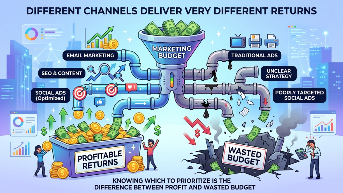 An infographic comparing marketing channels titled "Different Channels Deliver Very Different Returns." At the top center, a funnel filled with money represents the "Marketing Budget." The budget divides into two piping systems. On the left, clean blue pipes carry investments from "SEO & Content," "Email Marketing," and "Social Ads (Optimized)" directly into a large container overflowing with coins and dollar bills labeled "Profitable Returns." On the right, cracked and leaking grey pipes divert funds from "Traditional Ads," an "Unclear Strategy," and "Poorly Targeted Social Ads" into a smoky rock cavern labeled "Wasted Budget," where a businessman stands stressed next to a calculator. The bottom caption states: "Knowing which to prioritize is the difference between profit and wasted budget."