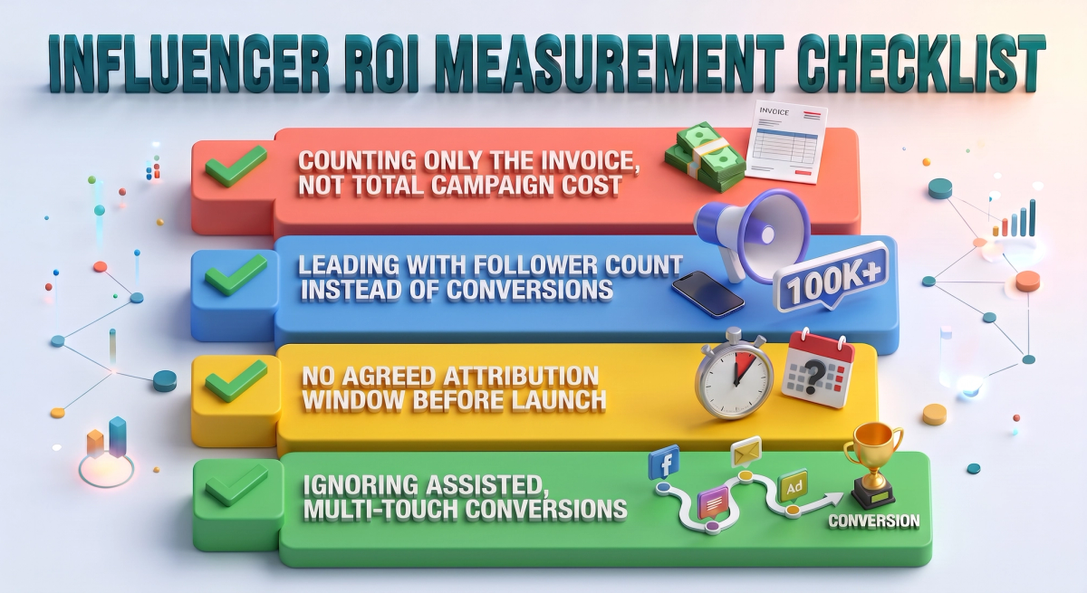 Checklist graphic showing common influencer ROI measurement mistakes such as ignoring total cost and vanity metrics.