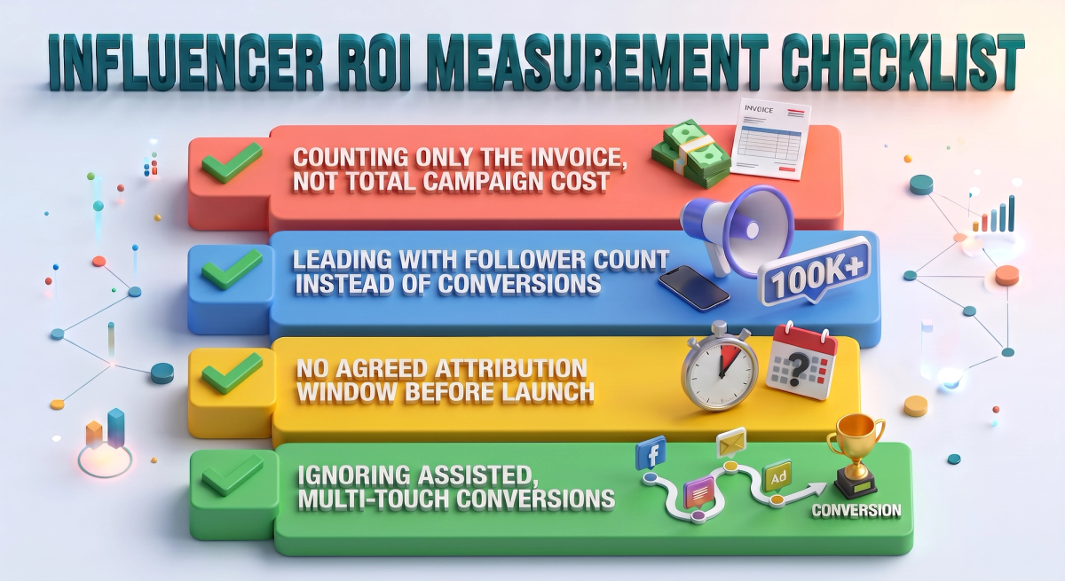 Checklist graphic showing common influencer ROI measurement mistakes such as ignoring total cost and vanity metrics.