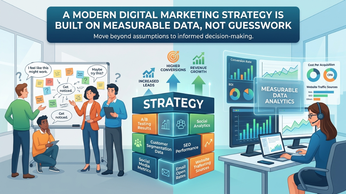 An infographic comparing data-driven marketing to guesswork, titled "A Modern Digital Marketing Strategy is Built on Measurable Data, Not Guesswork." The left side shows a team in front of a chaotic whiteboard covered in sticky notes with phrases like "I feel like this might work" and "Maybe try this?". The center features a "STRATEGY" rubric cube showing data sources like A/B Testing Results, Social Analytics, Customer Segmentation Data, SEO Performance, Social Media Metrics, Email Open Rates, and Website Trafficking Sources, pointing up toward Increased Leads, Higher Conversions, and Revenue Growth. The right side shows a digital marketing professional analyzing structured charts on multiple screens labeled "Measurable Data Analytics," Tracking Conversion Rate, ROI, Cost Per Acquisition (CPA), and Website Traffic Sources.