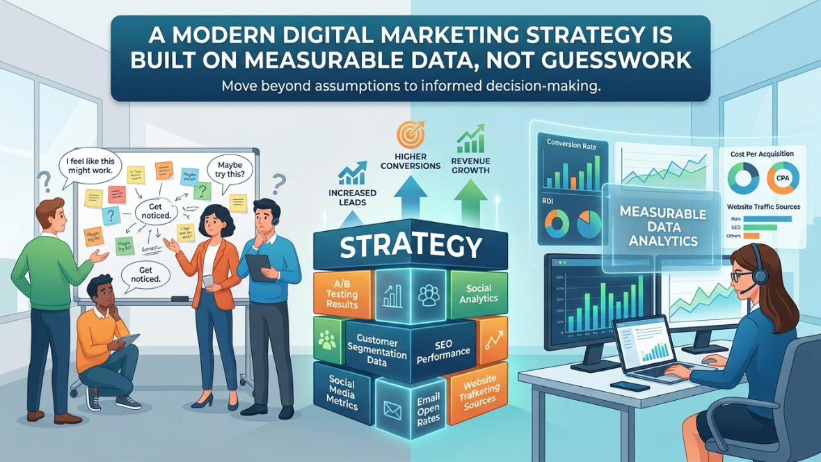 An infographic comparing data-driven marketing to guesswork, titled "A Modern Digital Marketing Strategy is Built on Measurable Data, Not Guesswork." The left side shows a team in front of a chaotic whiteboard covered in sticky notes with phrases like "I feel like this might work" and "Maybe try this?". The center features a "STRATEGY" rubric cube showing data sources like A/B Testing Results, Social Analytics, Customer Segmentation Data, SEO Performance, Social Media Metrics, Email Open Rates, and Website Trafficking Sources, pointing up toward Increased Leads, Higher Conversions, and Revenue Growth. The right side shows a digital marketing professional analyzing structured charts on multiple screens labeled "Measurable Data Analytics," Tracking Conversion Rate, ROI, Cost Per Acquisition (CPA), and Website Traffic Sources.
