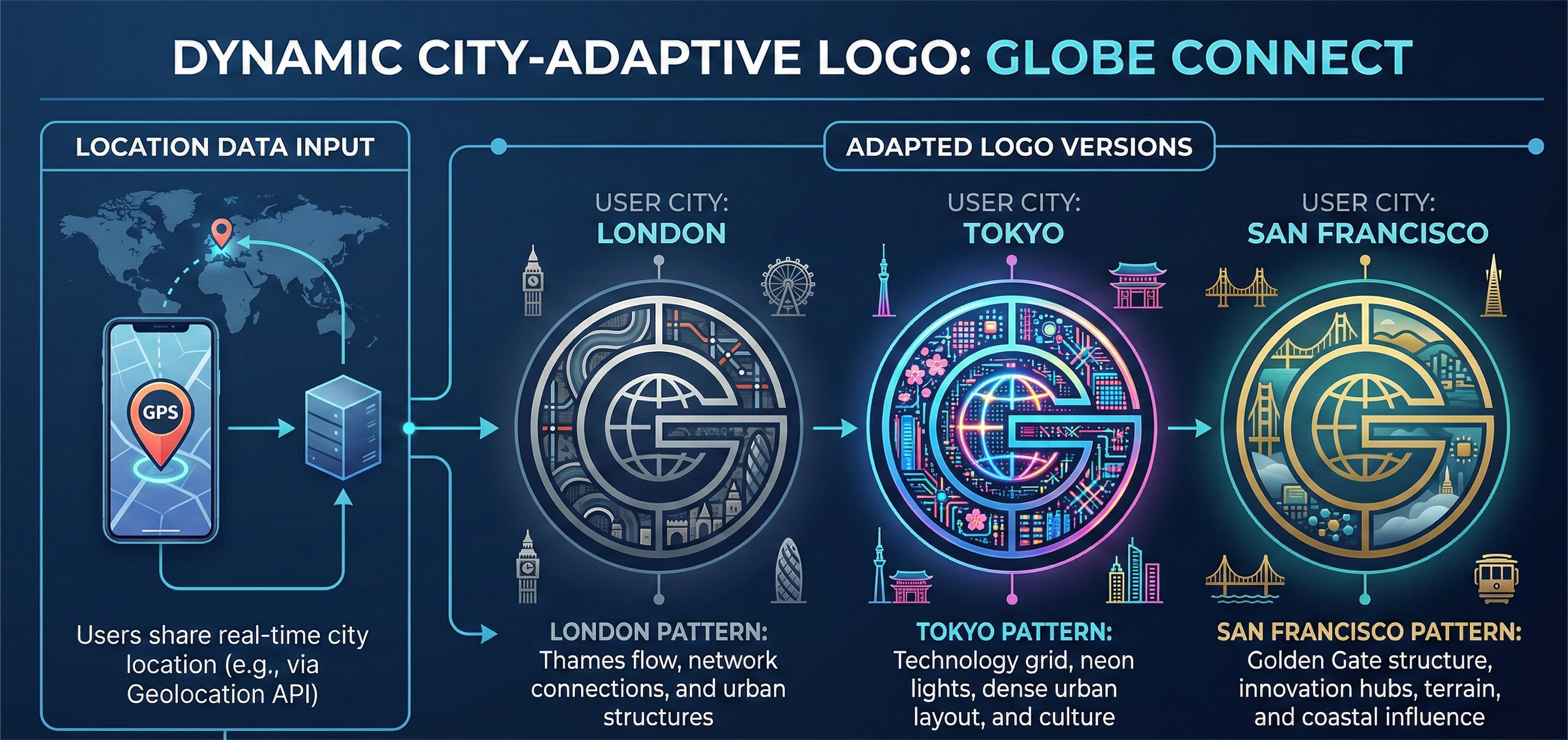 An infographic titled "DYNAMIC CITY-ADAPTIVE LOGO: GLOBE CONNECT." The image illustrates a workflow starting with "LOCATION DATA INPUT," showing a smartphone using a Geolocation API to send GPS data to a server. The right side, labeled "ADAPTED LOGO VERSIONS," showcases three versions of a circular "G" logo. The London version features gray patterns inspired by the Thames and urban structures; the Tokyo version uses vibrant pink and blue neon grids; and the San Francisco version uses gold and green tones reflecting the Golden Gate Bridge and coastal terrain. A footer explains that a dynamic texture engine applies these unique patterns based on the user's city.