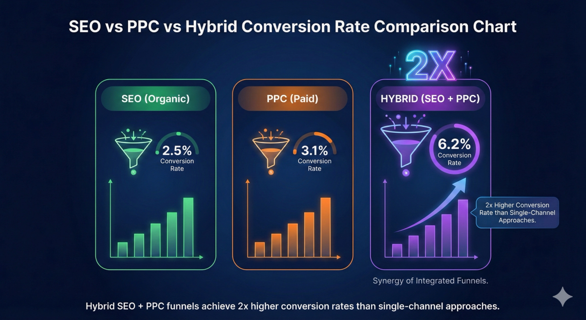 SEO vs PPC vs Hybrid Conversion Rate Comparison Chart