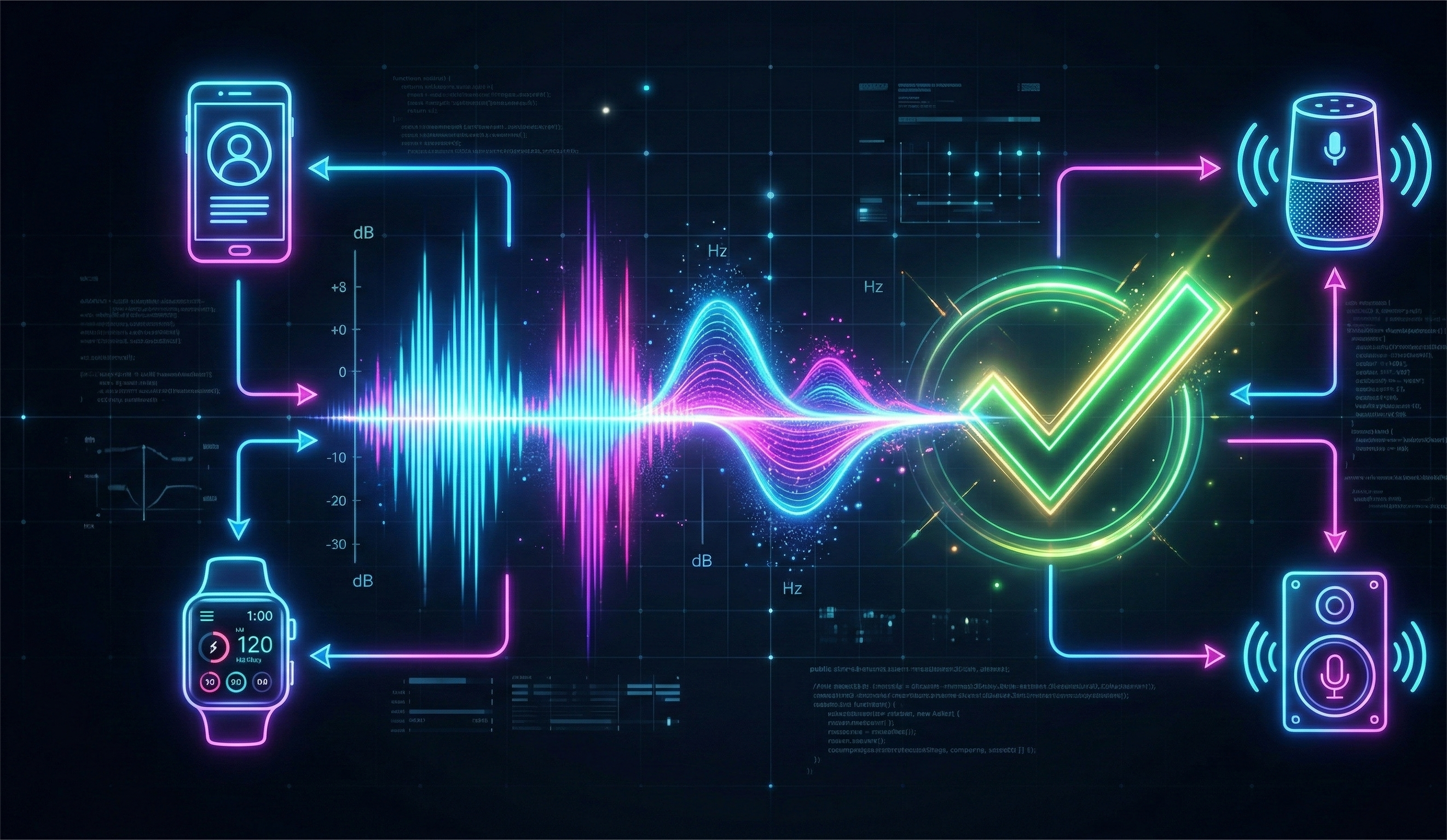 A futuristic, neon-light illustration on a dark background depicting a connected digital audio system. On the left, a smartphone showing contacts and a smartwatch showing health data (heart rate 120 bpm) are connected by glowing cyan and magenta lines to a central audio waveform that transitions from complex sound to a clean sine wave. This waveform leads to a prominent glowing green checkmark in a ring, flanked by two smart speakers. The scene is filled with subtle technical data and code in the background.