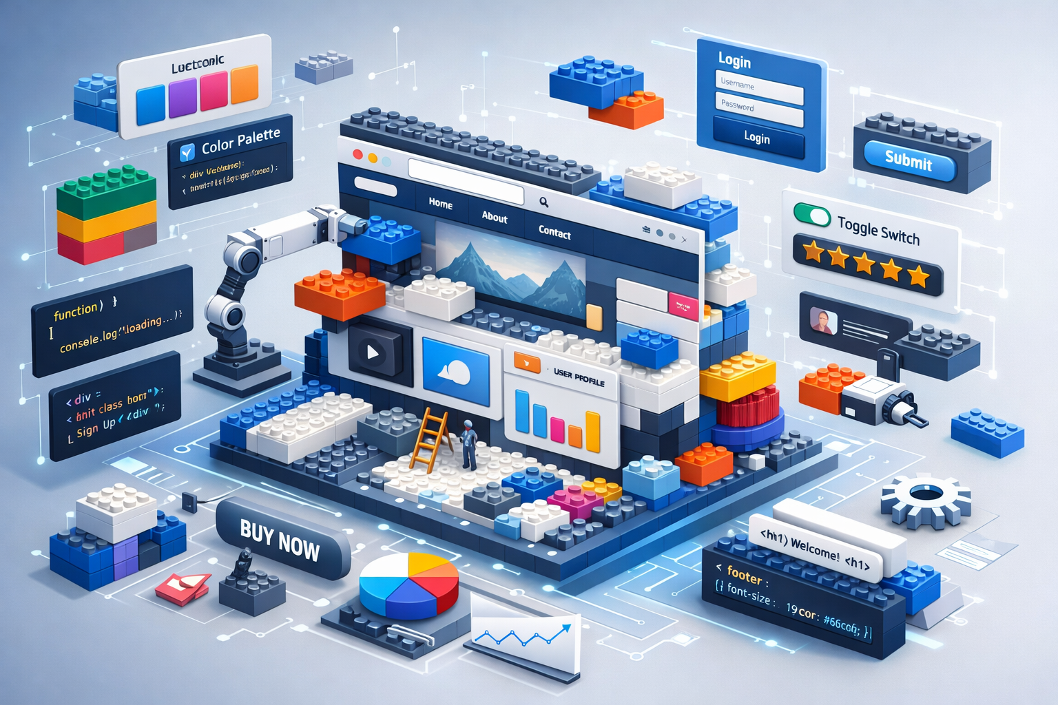 A 3D isometric illustration of a website being built using Lego-style blocks, surrounded by floating user interface elements like login forms, buttons, charts, and color palettes, with visible code snippets and robotic arms assembling components in a clean, modern digital environment.