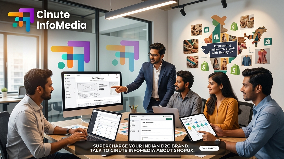 Cinute InfoMedia team designing Shopify stores for Indian D2C brands empowering Indian D2C founders with conversion-focused UX.