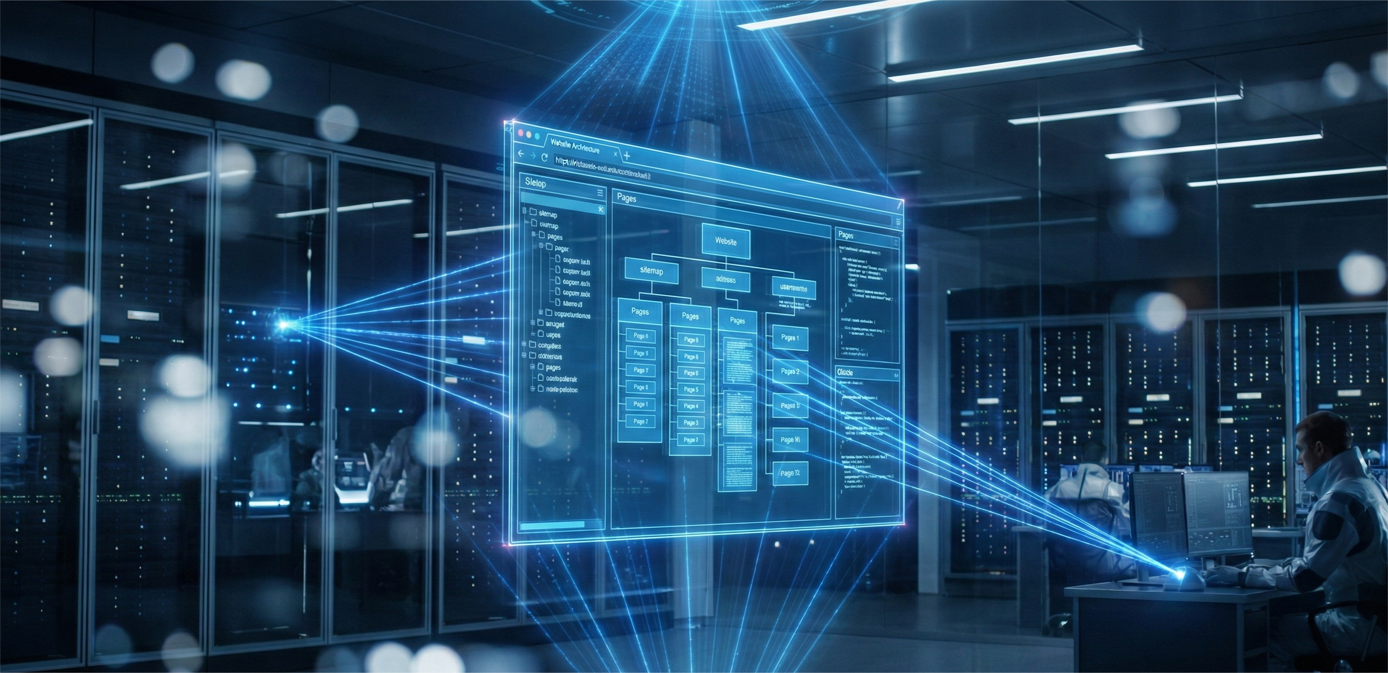 A wide-angle, cinematic view of a futuristic digital laboratory and server room. In the center, a large, glowing blue holographic 3D representation of a website's structural architecture is suspended in mid-air, being scanned by precise laser lines. The background features dark, sleek server racks and a professional working at a workstation. Soft bokeh lights and a high-tech atmosphere convey a sense of advanced technology and authority.