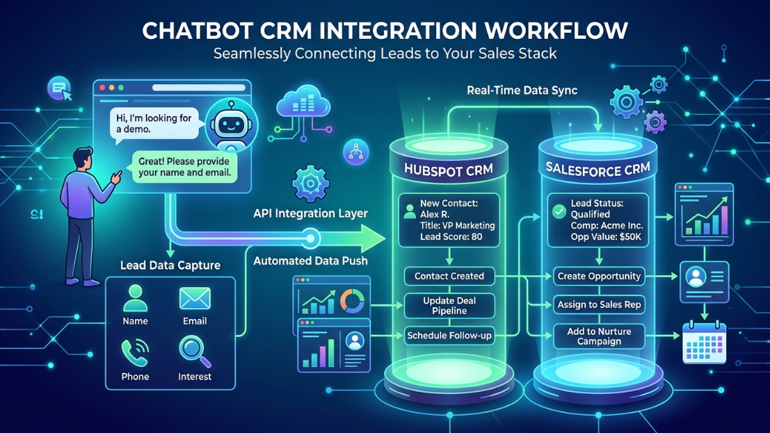 Chatbot CRM integration workflow showing a user interacting with an AI bot, capturing lead data, and syncing via an API layer to HubSpot and Salesforce CRMs.