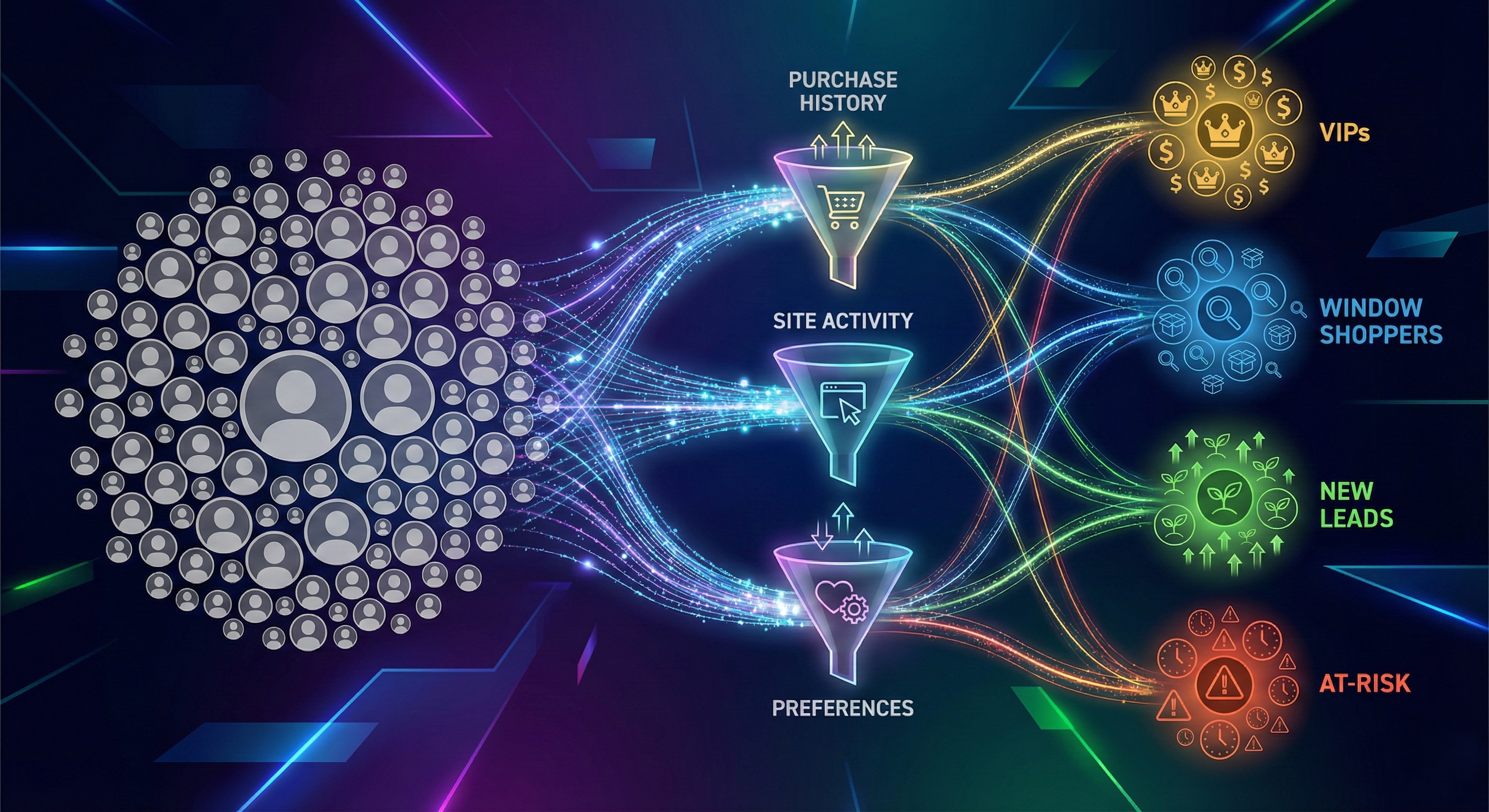 A data visualization illustrating audience segmentation, where a large, mixed group of user icons on the left flows through three glowing funnels labeled "Purchase History," "Site Activity," and "Preferences." This process sorts the data into four distinct, colored clusters on the right: "VIPs" (yellow with crowns and dollar signs), "Window Shoppers" (blue with magnifying glasses), "New Leads" (green with sprouts), and "At-Risk" (red with clocks and warning signs).