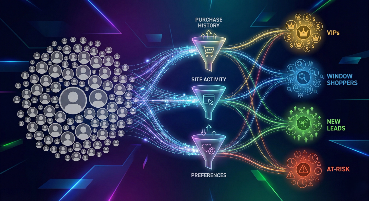 A data visualization illustrating audience segmentation, where a large, mixed group of user icons on the left flows through three glowing funnels labeled "Purchase History," "Site Activity," and "Preferences." This process sorts the data into four distinct, colored clusters on the right: "VIPs" (yellow with crowns and dollar signs), "Window Shoppers" (blue with magnifying glasses), "New Leads" (green with sprouts), and "At-Risk" (red with clocks and warning signs).