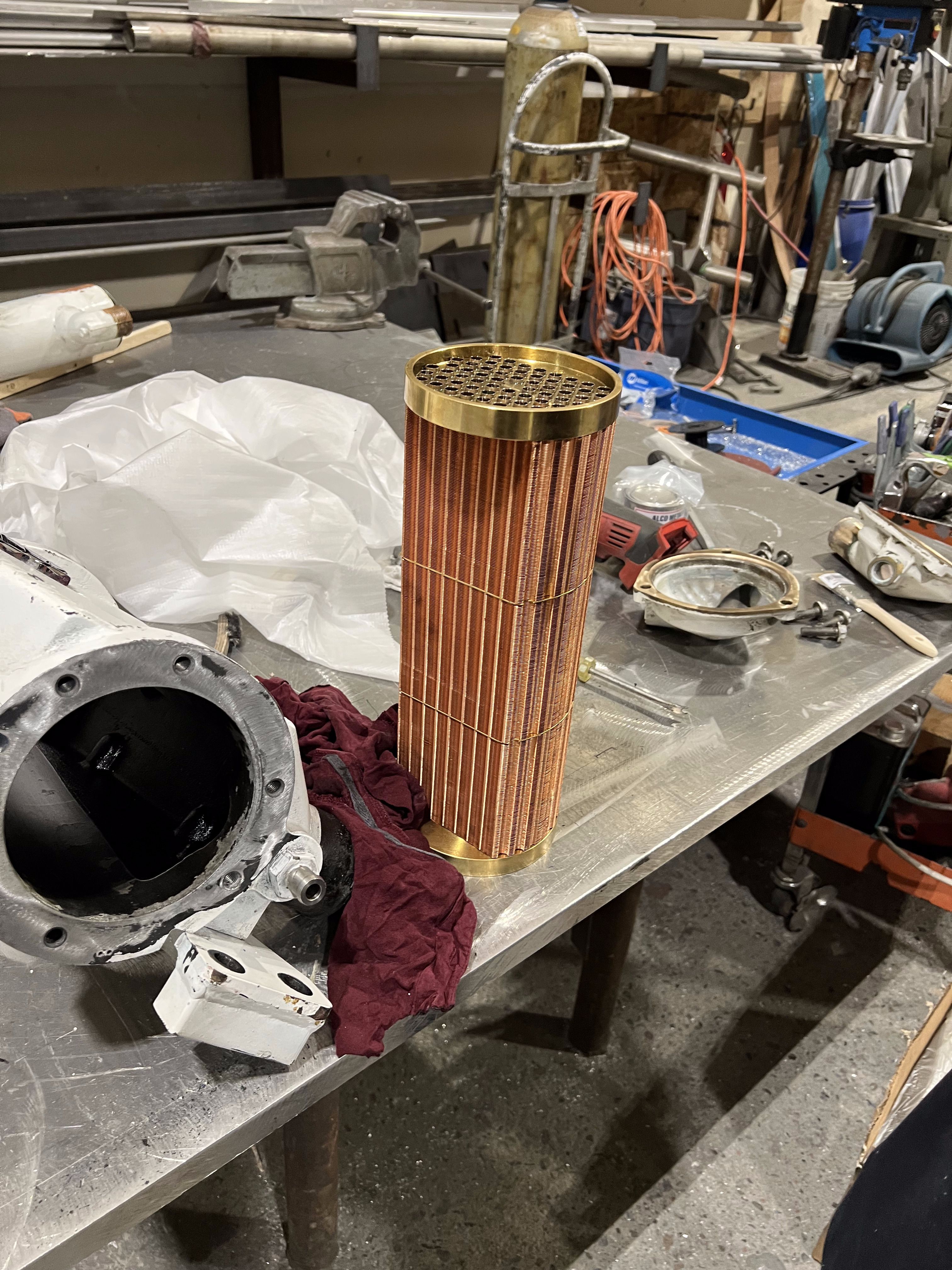 The new aftercooler core on the workbench, ready to be reassembled.