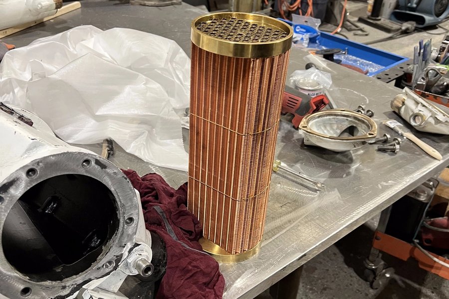 The new aftercooler core on the workbench, ready to be reassembled.