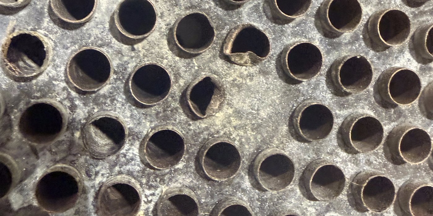 Close-up of the aftercooler's copper tube bundle from the end, showing two cracked tube openings among the surrounding intact, round ones.
