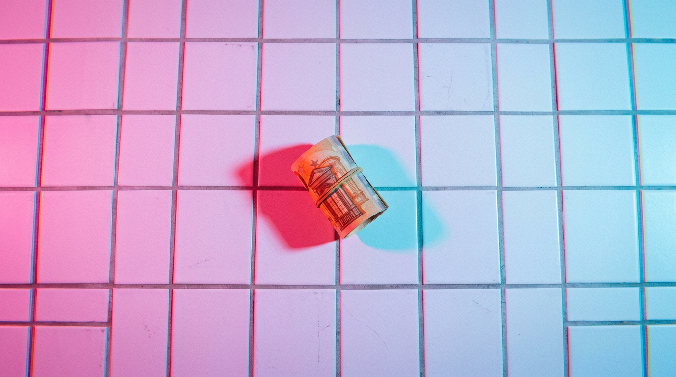A rolled bundle of 50 euro notes on white floor tiles, lit in pink and blue with two colored shadows.