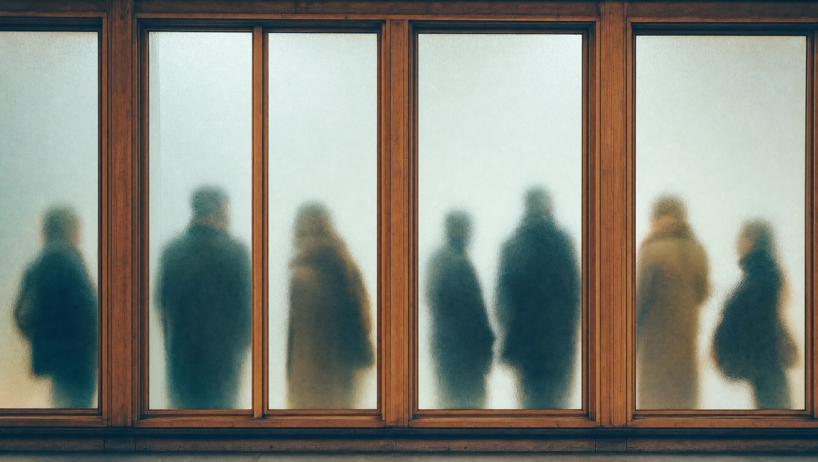Blurred silhouettes seen through frosted glass panels with warm wooden frames — quiet and anonymous.