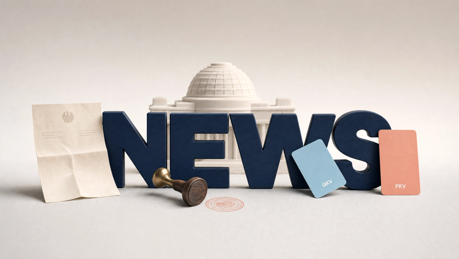 German health insurance reform news 2026: official document, stamp, GKV and PKV cards around navy "NEWS" letters with Reichstag.
