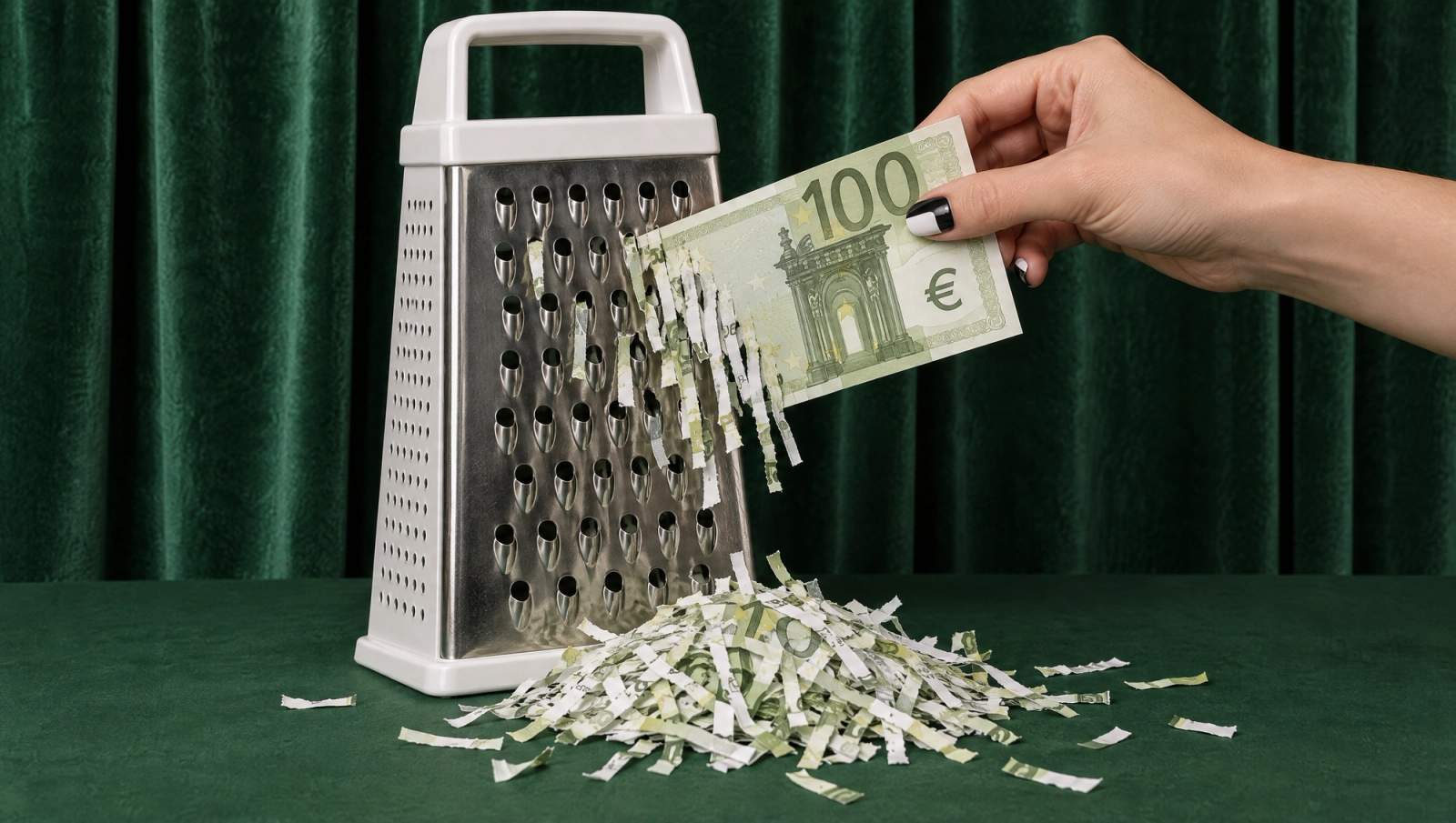 A 100 euro note shredded on a kitchen grater, a visual metaphor for Germany's social insurance changes in 2027