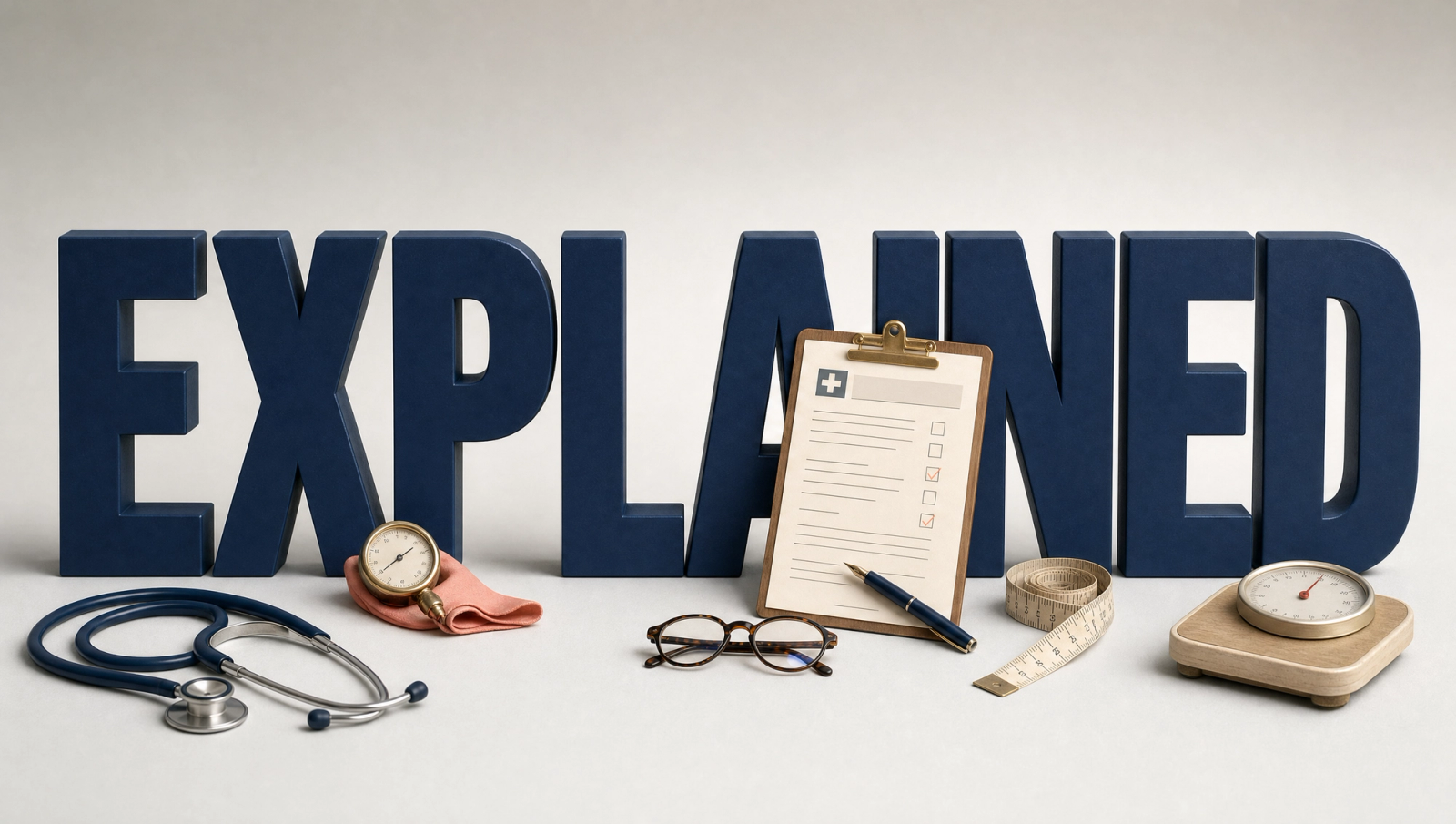 PKV health check explained Germany: medical questionnaire, stethoscope, blood pressure gauge and scale around navy "EXPLAINED".