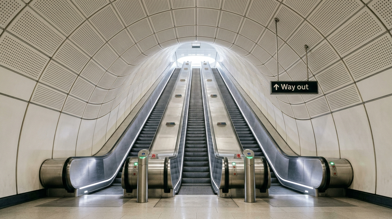 Three empty escalators rising through a curved white tunnel in an underground station toward a sign pointing to the way out.