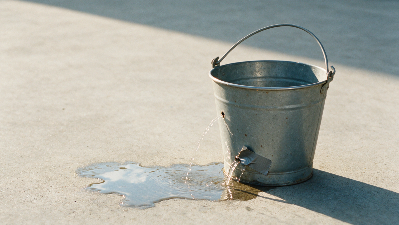 A bucket riddled with holes being patched up, like the stopgap fixes in Germany's 2026 health reform