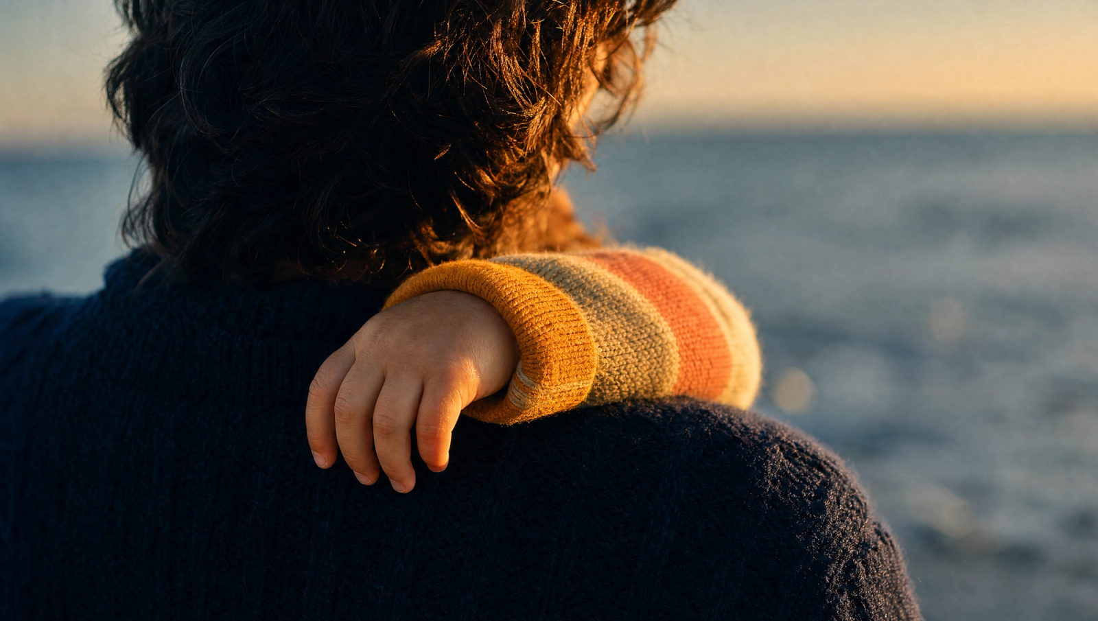 Child's hand on an adult's shoulder in golden-hour light, hazy blue seascape in the background