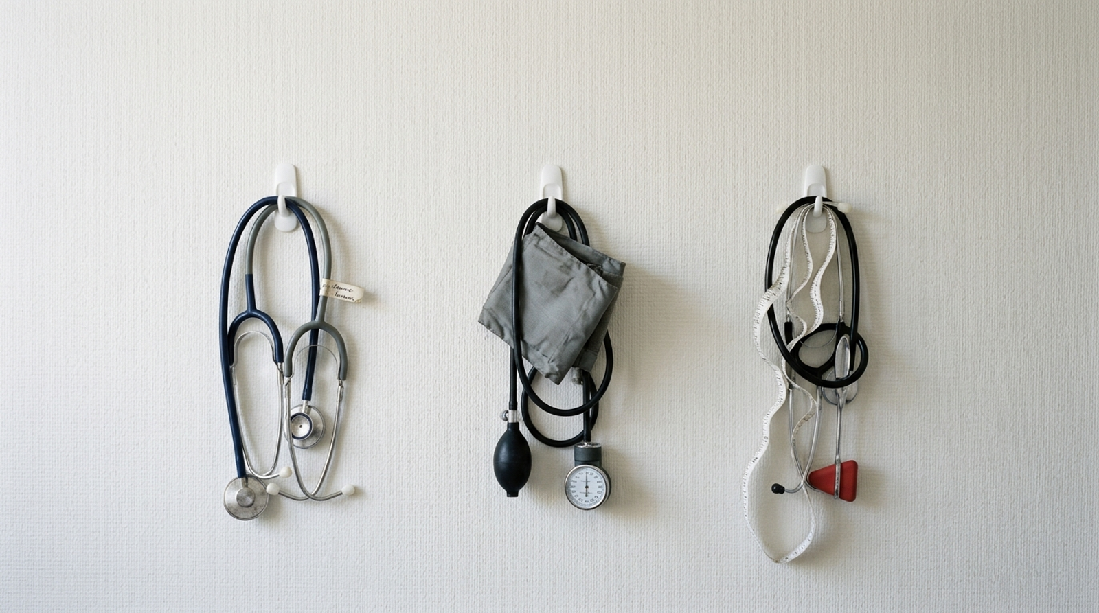 Stethoscopes, a blood pressure cuff, a measuring tape and a reflex hammer hanging from simple hooks on a pale textured wall.