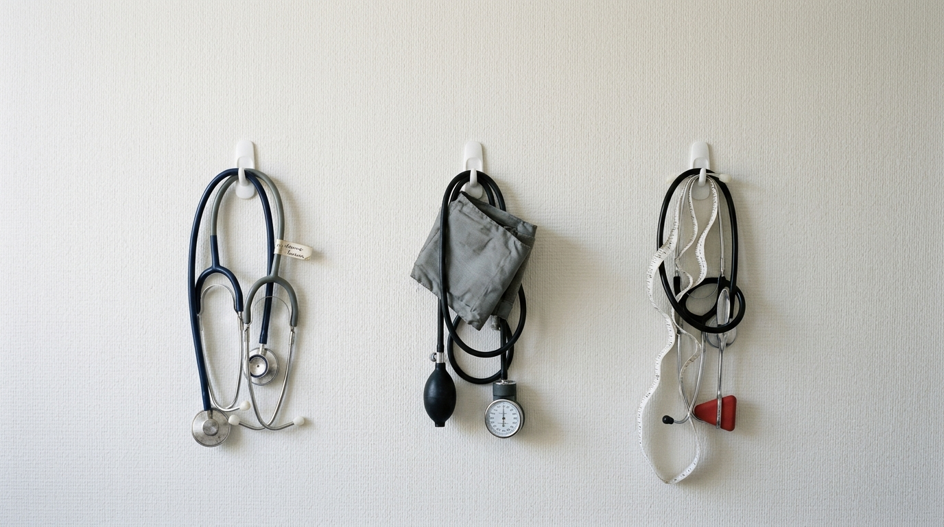 Stethoscopes, a blood pressure cuff, a measuring tape and a reflex hammer hanging from simple hooks on a pale textured wall.