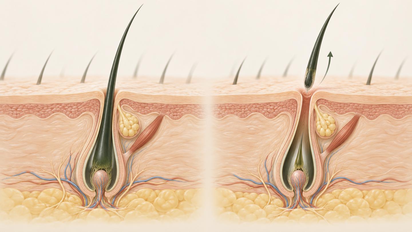 Illustration of hair shaft shedding while the follicle remains beneath the scalp