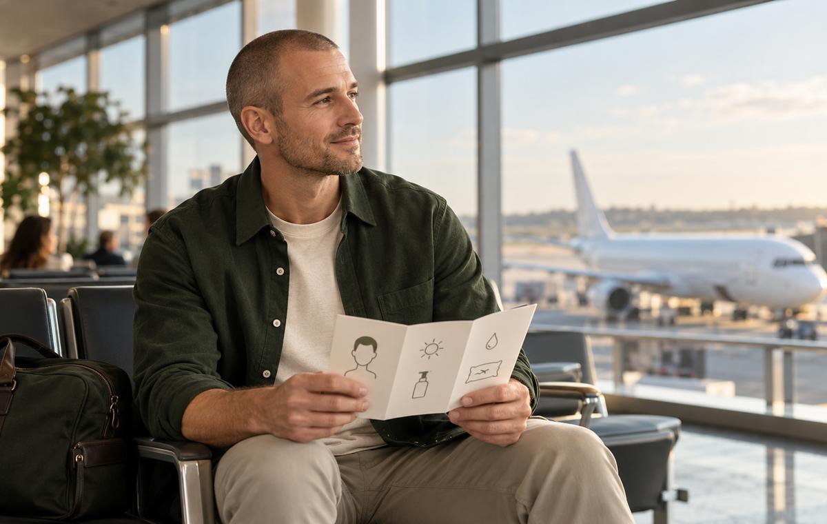 Traveler following aftercare guidance at the airport after a hair transplant