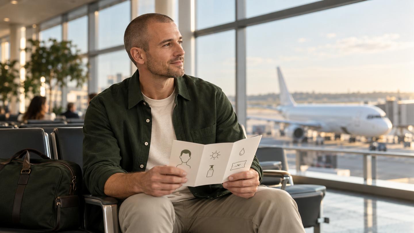 Traveler following aftercare guidance at the airport after a hair transplant