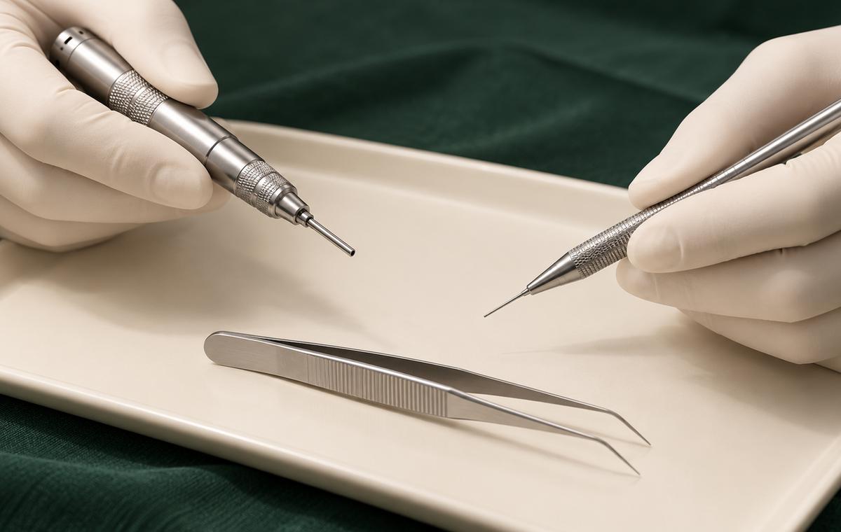 Hair transplant extraction and implantation tools used in FUE and DHI