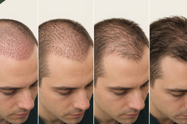 Four-stage illustration of healing and hair growth after a hair transplant