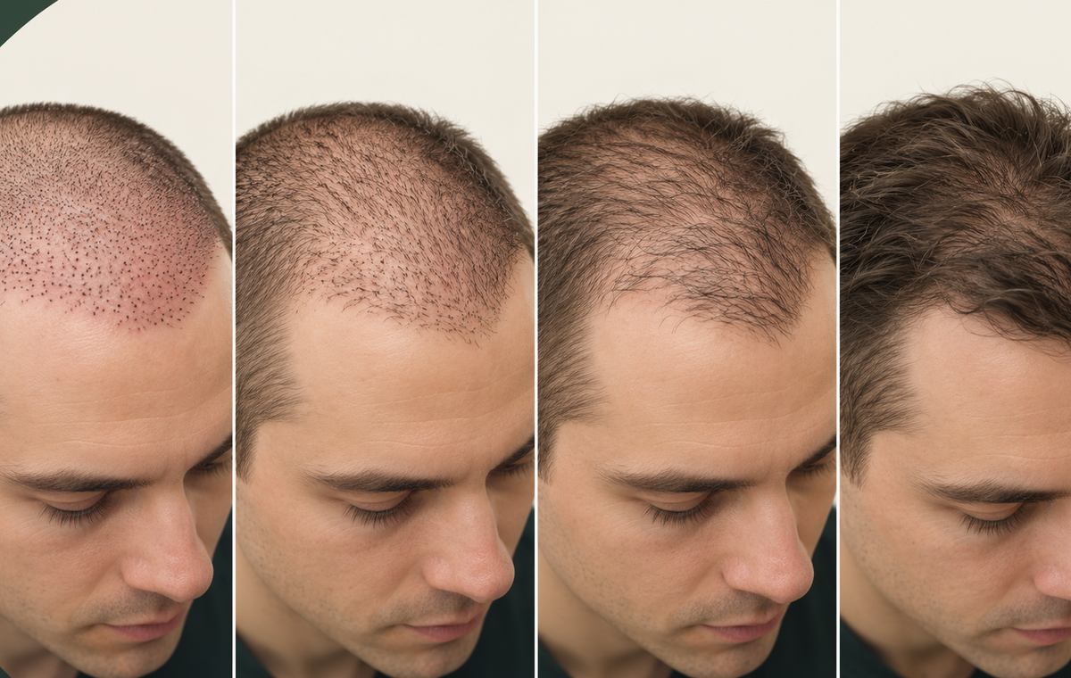 Four-stage illustration of healing and hair growth after a hair transplant